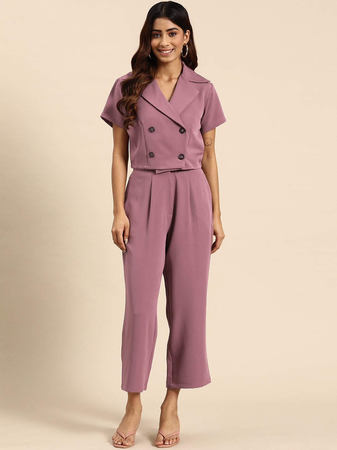 

WoowZerz Women Solid Coat with Trousers Co-Ords, Mauve
