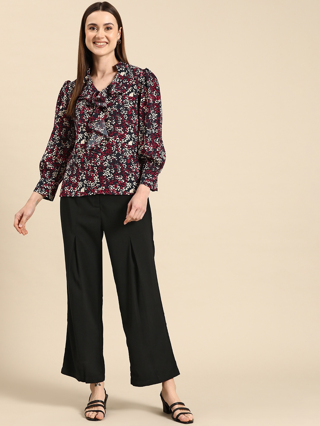 

WoowZerz Women Printed Ruffled Top with Trousers Co-Ords, Red
