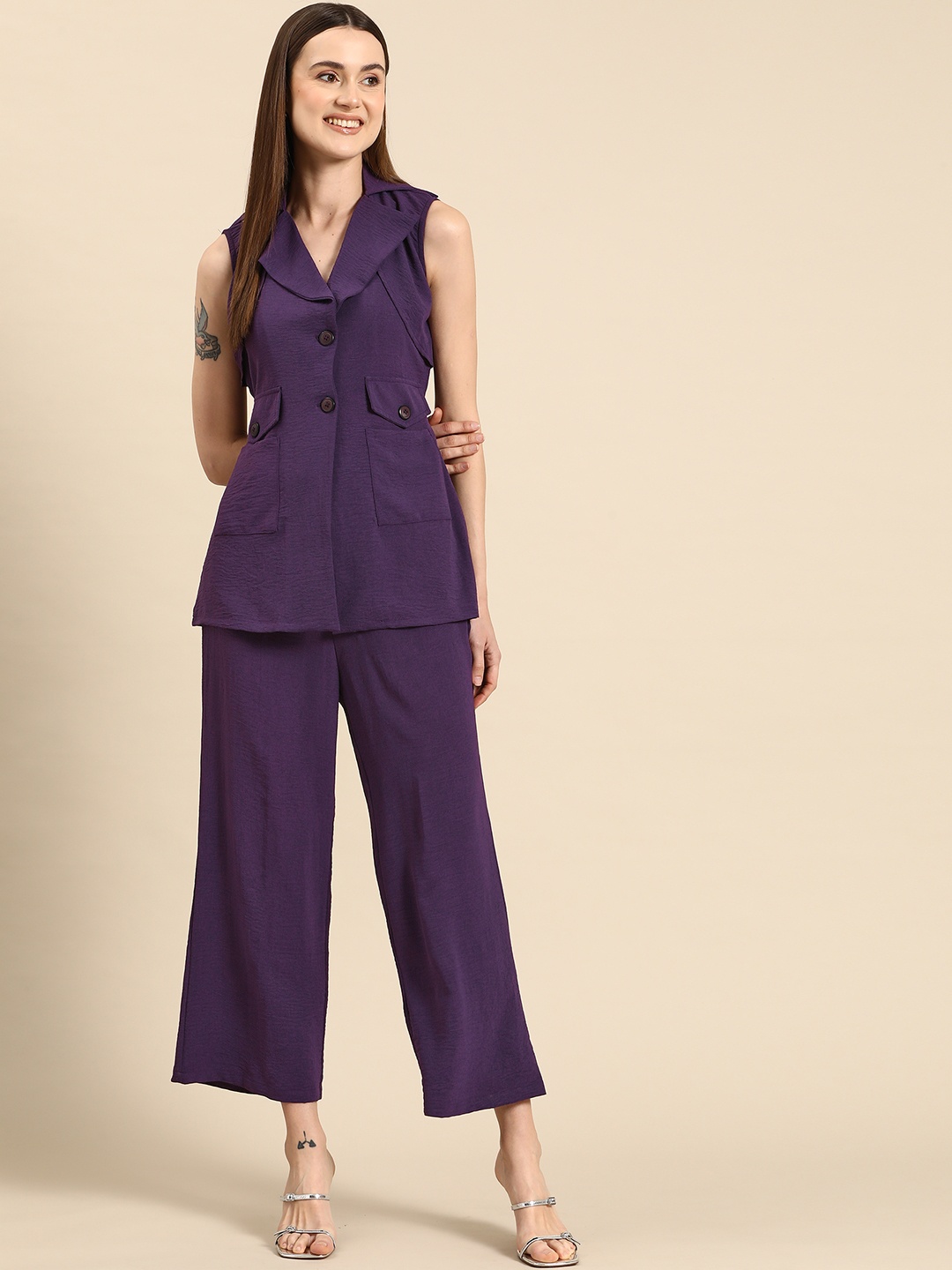 

WoowZerz Women Solid Coat with Trousers Co-Ords, Purple