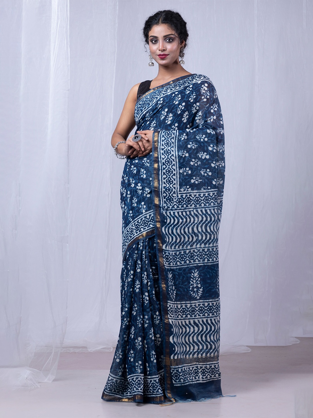 

Unnati Silks Ethnic Motifs Zari Silk Cotton Chanderi Saree, Blue