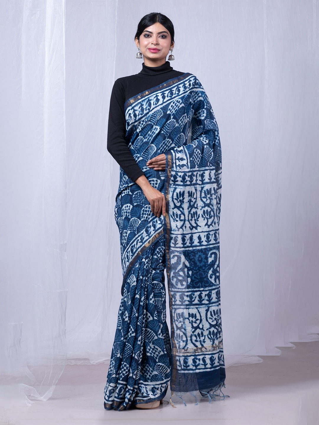 

Unnati Silks Ethnic Motifs Printed Zari Silk Cotton Chanderi Saree, Blue