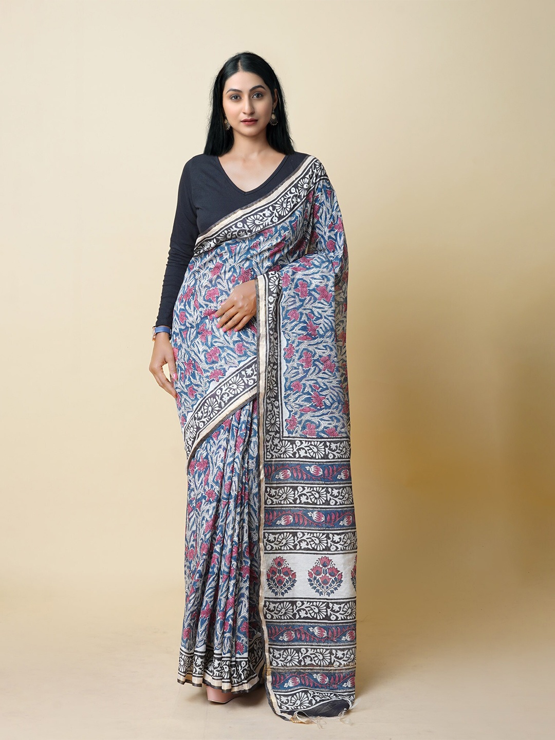 

Unnati Silks Ethnic Motifs Printed Silk Cotton Chanderi Saree, Black