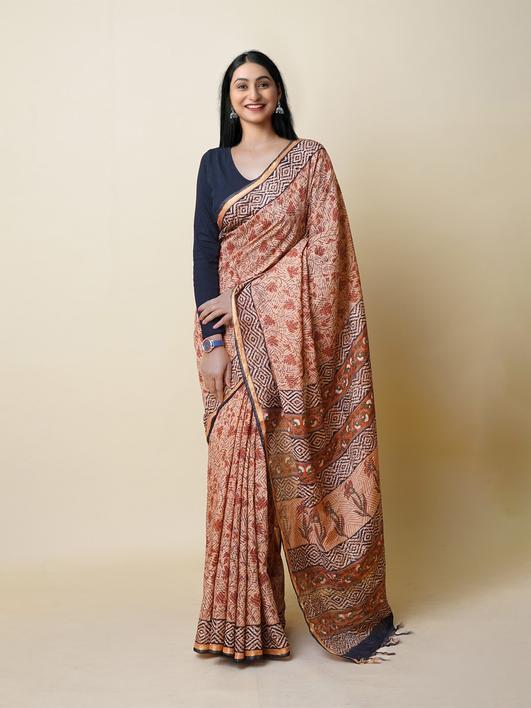 

Unnati Silks Ethnic Motifs Silk Cotton Chanderi Saree, Brown