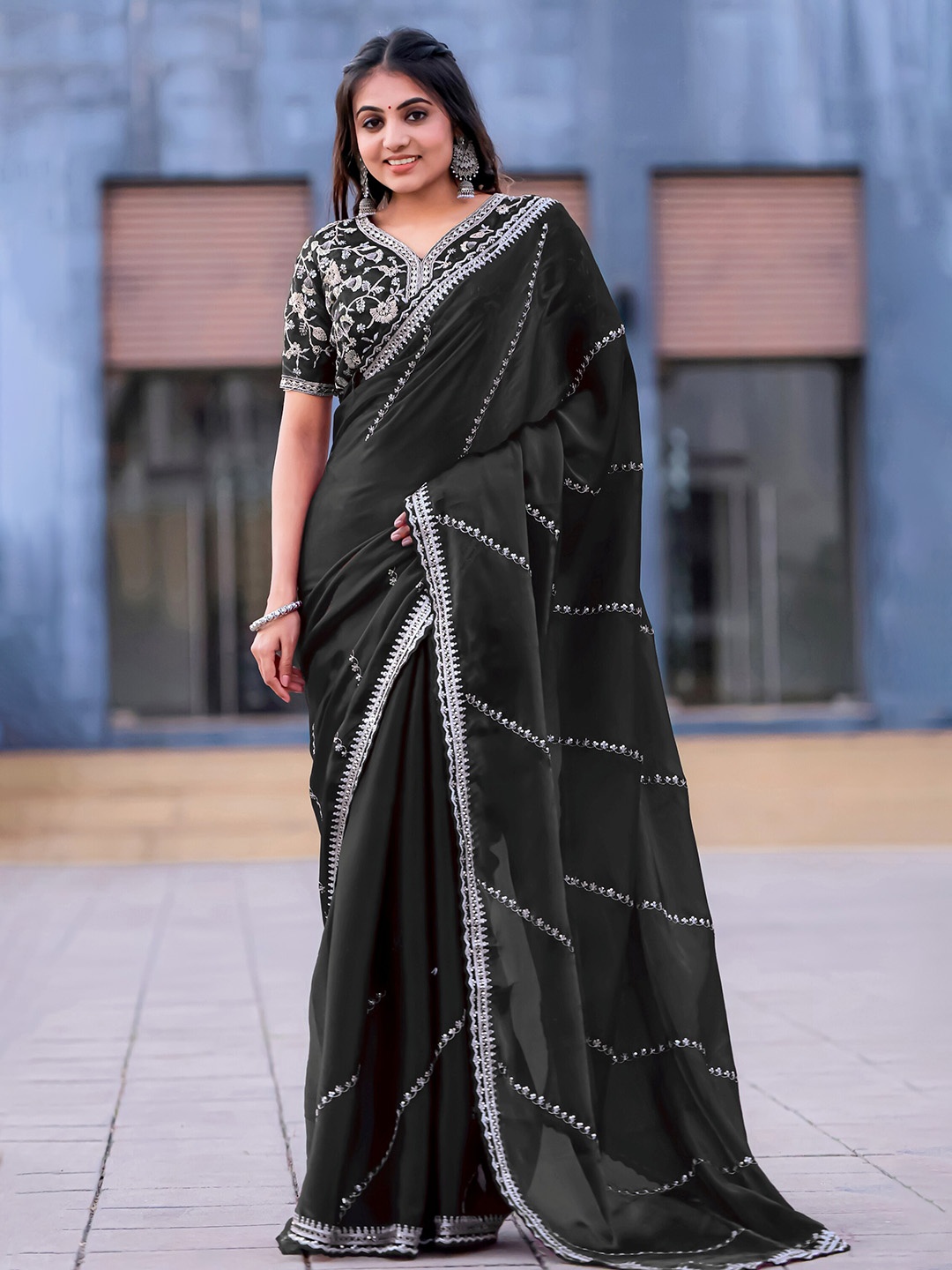 

KALINI Striped Embroidered Sequinned Saree, Black