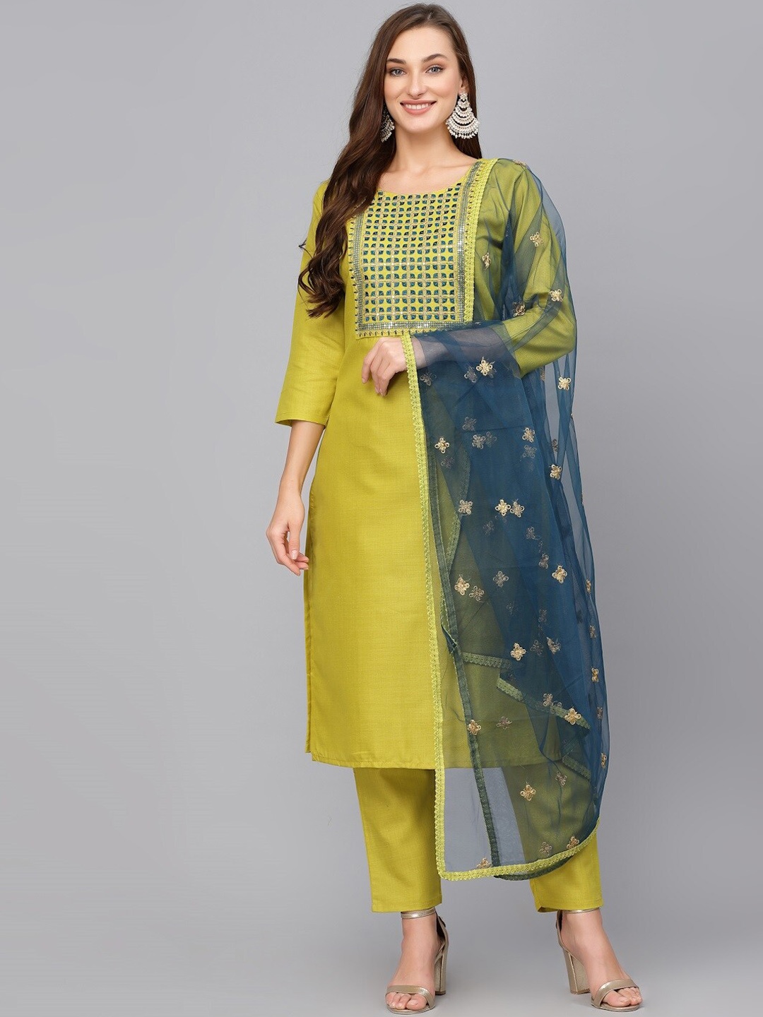 

BAESD Yoke Design Regular Sequinned Kurta With Trousers & Dupatta, Lime green