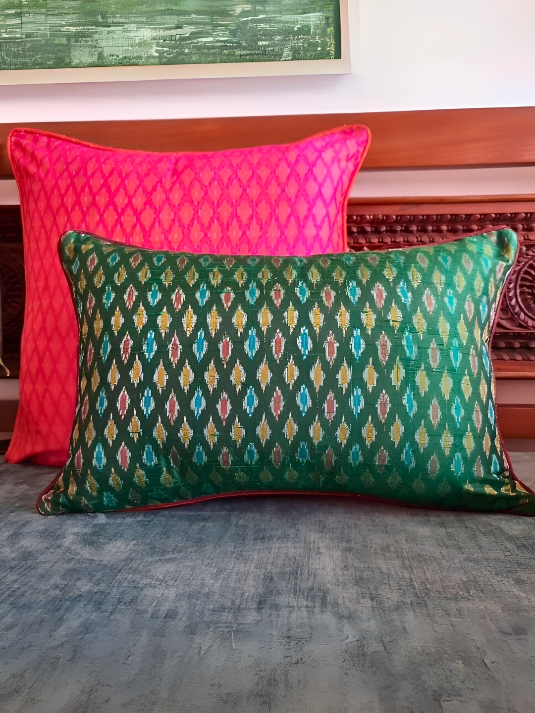 

Peepul Tree Green & Brown Geometric Cotton Silk Rectangle Cushion Covers
