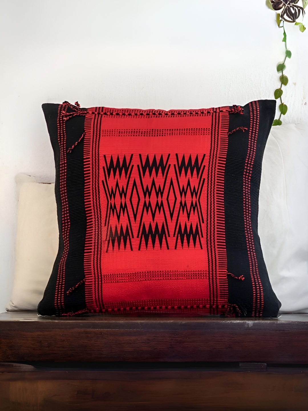 

Peepul Tree Red & Black Geometric Square Cotton Cushion Cover