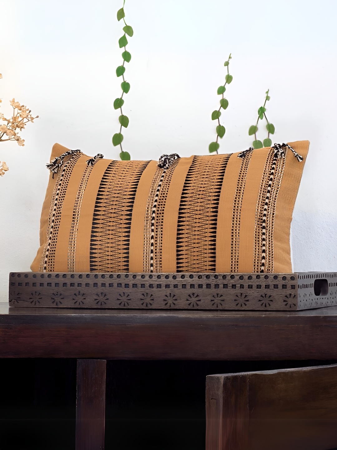 

Peepul Tree Mustard & Black Geometric Rectangle Cotton Cushion Cover