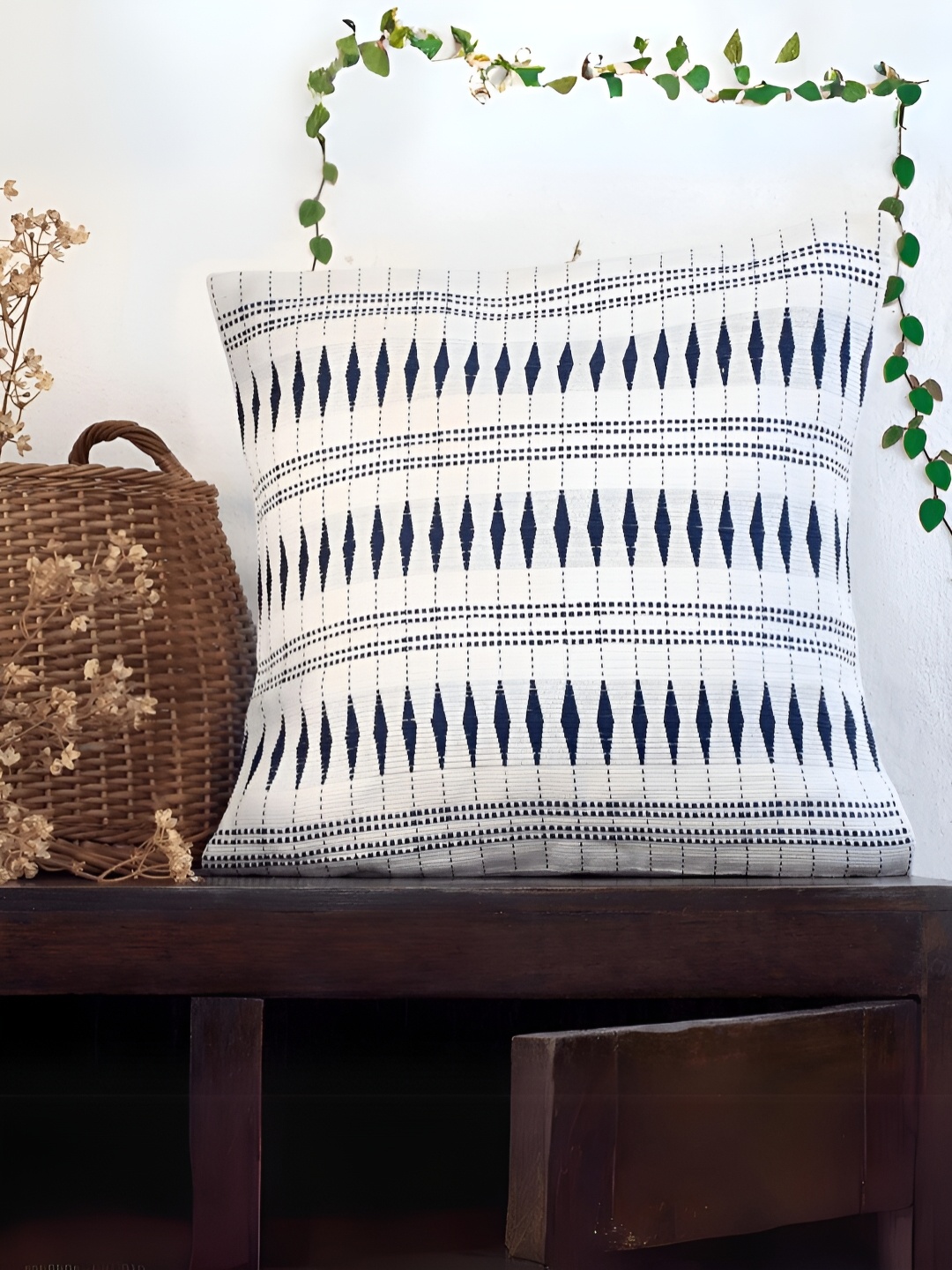 

Peepul Tree White & Blue Geometric Square Cotton Cushion Cover