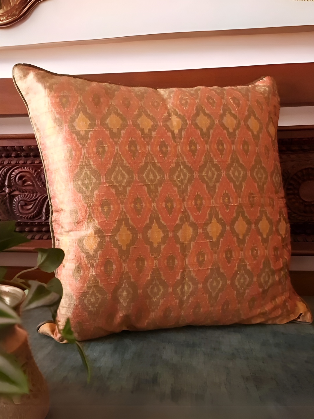

Peepul Tree Peach & Green Geometric Square Silk Cushion Cover