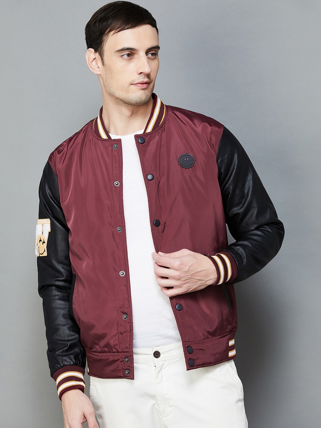 

SmileyWorld Mandarin Collar Bomber Jacket, Maroon