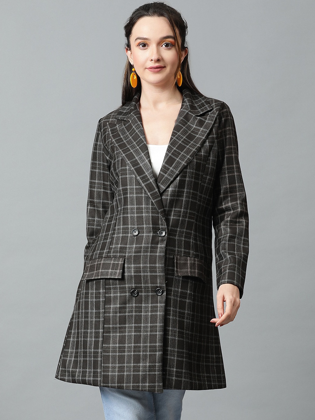 

KOTTY BIZwear Grey Checked Double-Breasted Overcoat