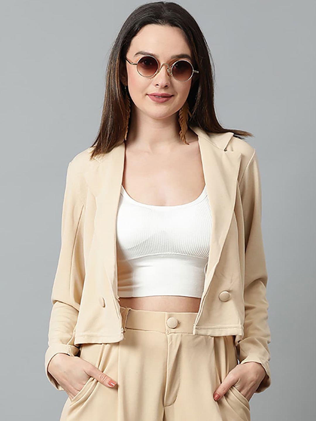 

KOTTY BIZwear Basics Double Breasted Crop Blazer, Beige