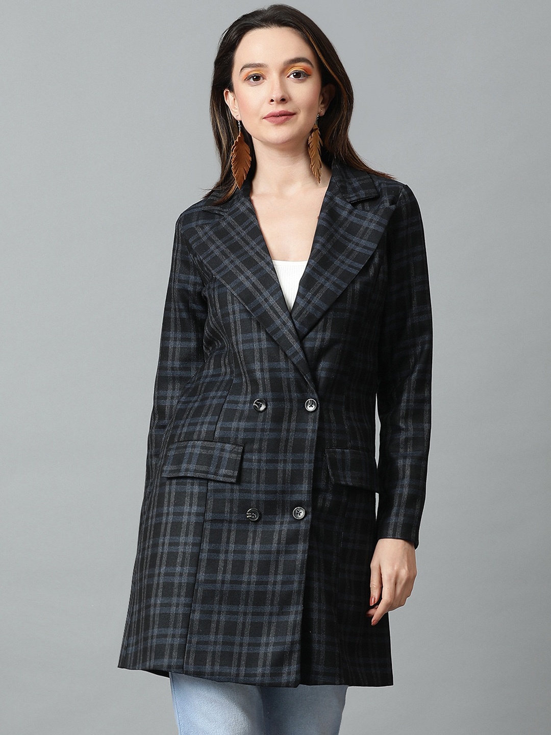 

KOTTY BIZwear Black Checked Double-Breasted Overcoat