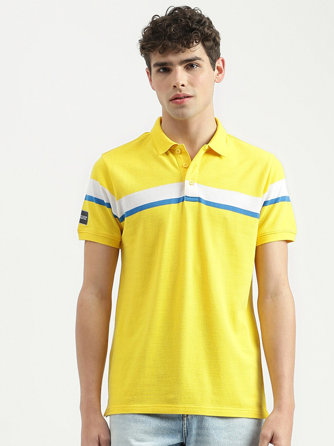 

United Colors of Benetton Striped Polo Collar Short Sleeves Pure Cotton T-shirt, Yellow