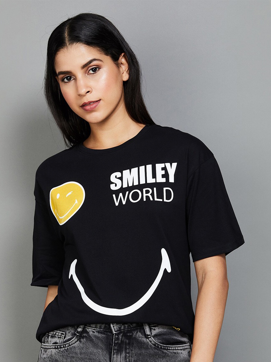 

SmileyWorld Typography Printed Pure Cotton T-shirt, Black