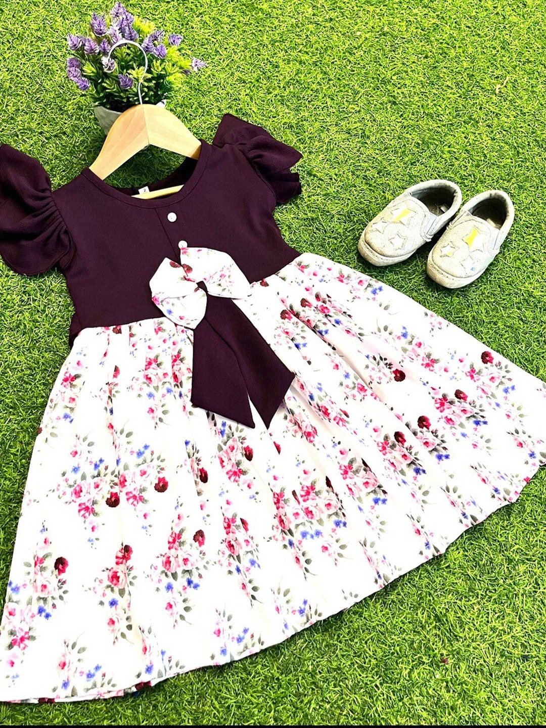 

BAESD Girls Round Neck Floral Printed Bow Detail Fit & Flare Dress, Purple