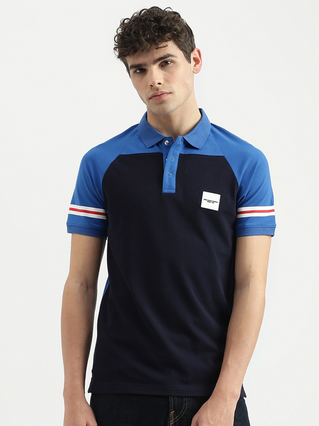 

United Colors of Benetton Colourblocked Polo Collar Cotton T-shirt, Blue