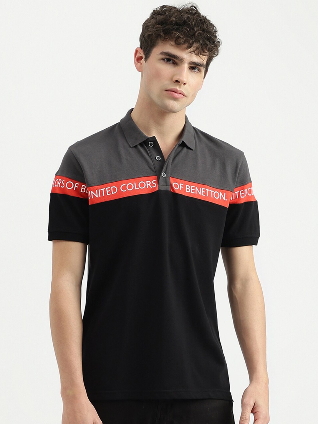 

United Colors of Benetton Colourblocked Polo Collar Pure Cotton T-shirt, Black