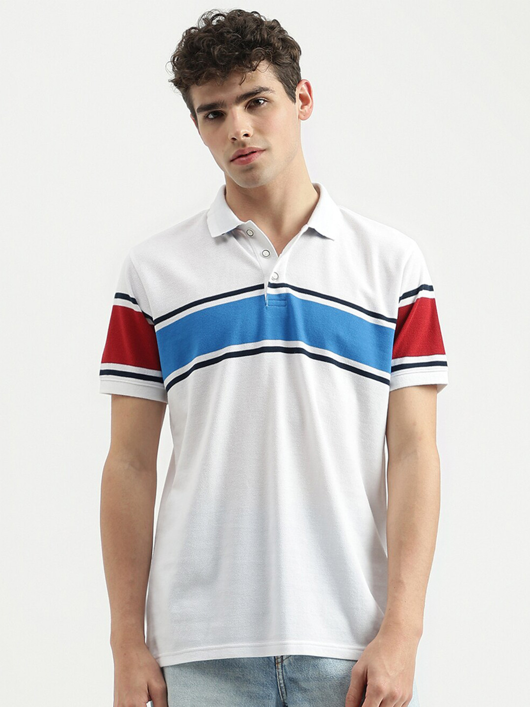 

United Colors of Benetton Colourblocked Polo Collar Pure Cotton T-shirt, White