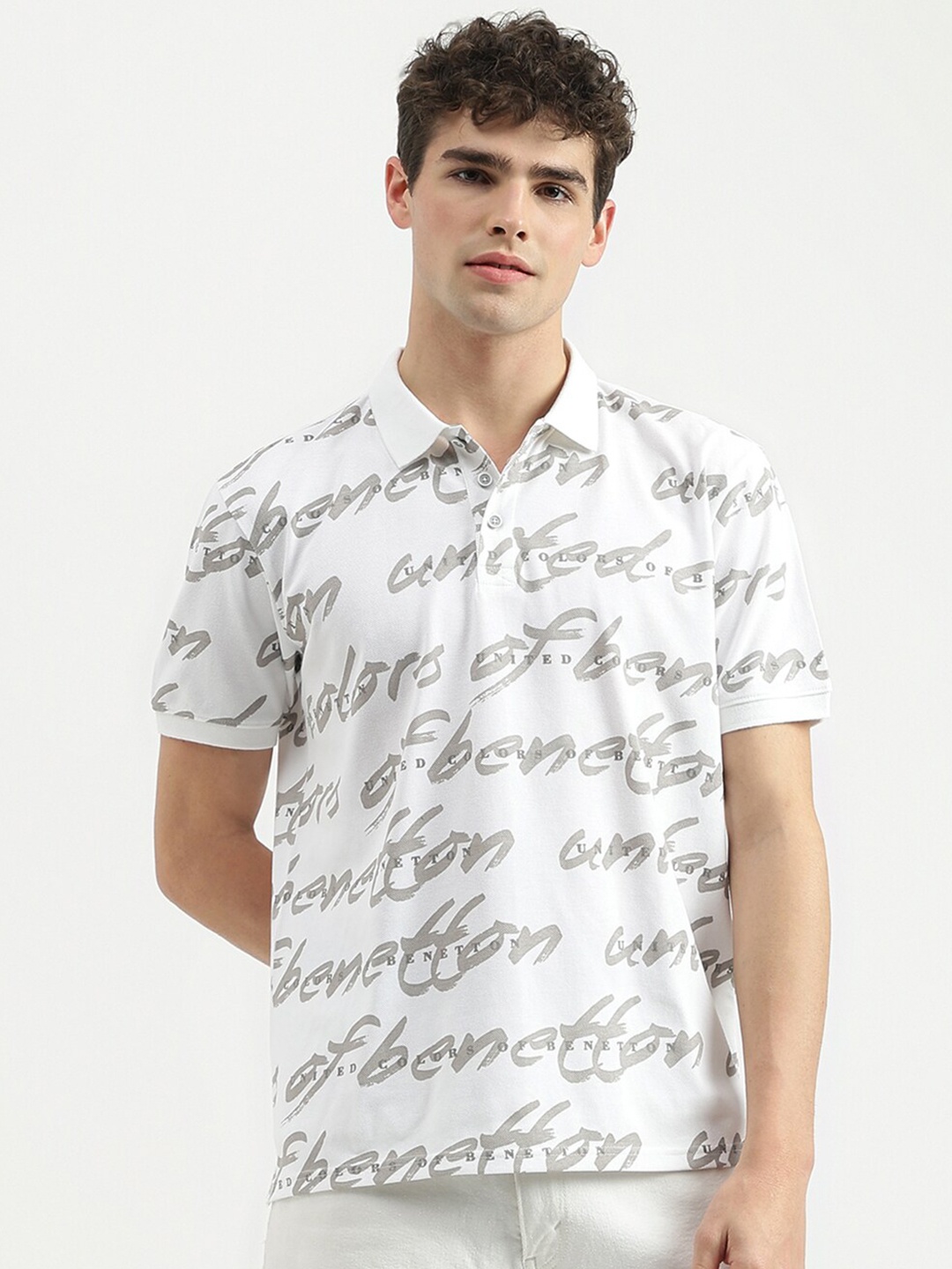 

United Colors of Benetton Typography Printed Polo Collar Cotton T-shirt, White