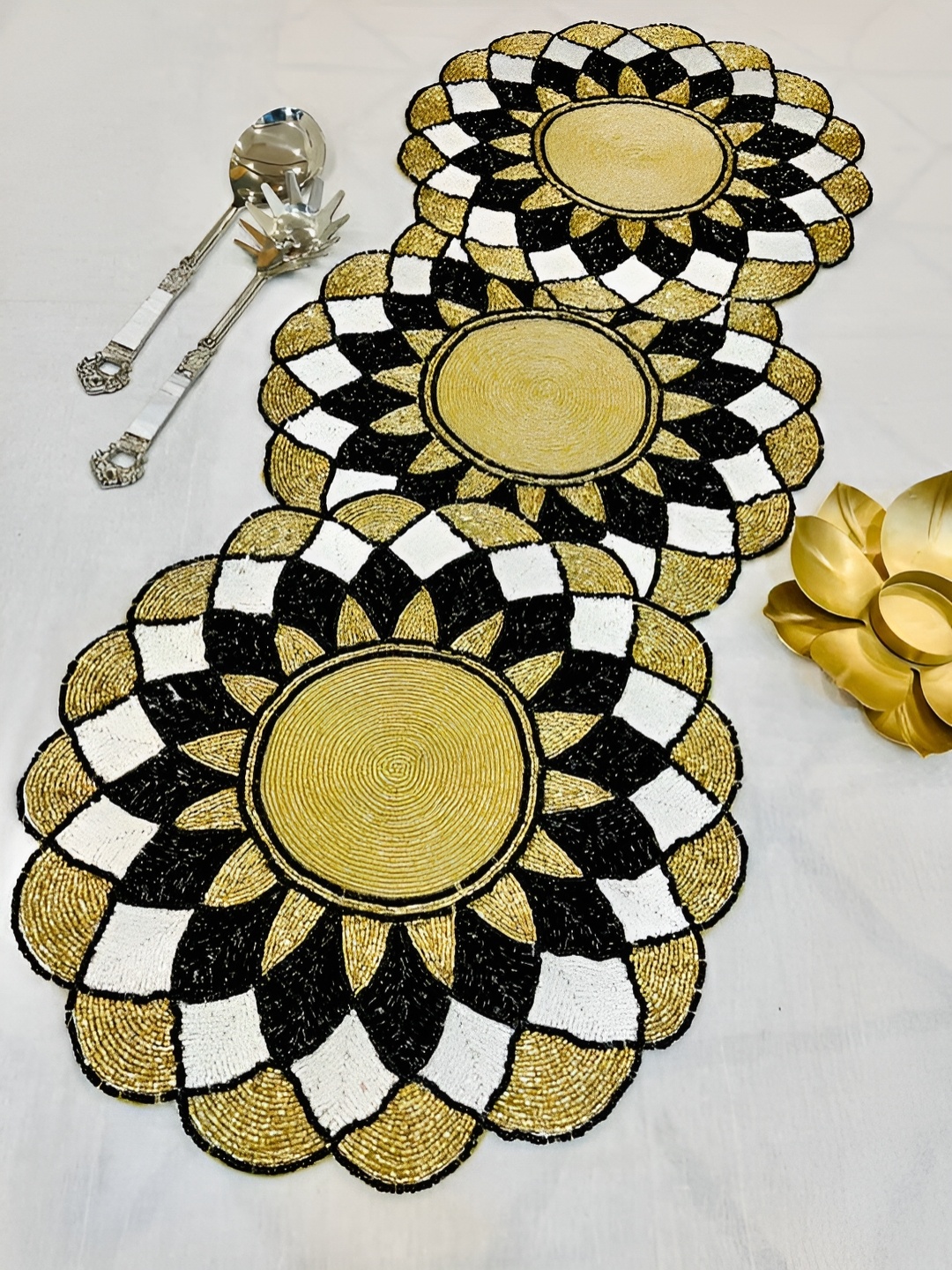 

YWULY Gold Toned & Black Beads Embellished Abstract Shape Table Runner, Yellow