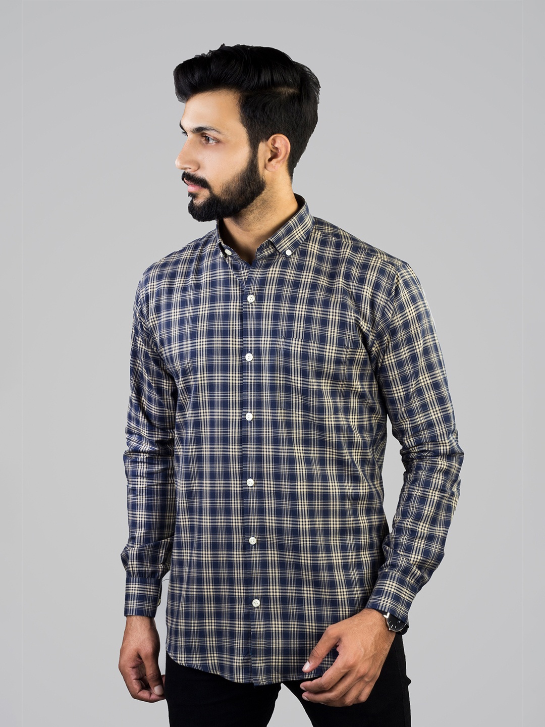 

INDIAN THREADS Slim Fit Shepherd Checked Button-Down Collar Casual Shirt, Navy blue