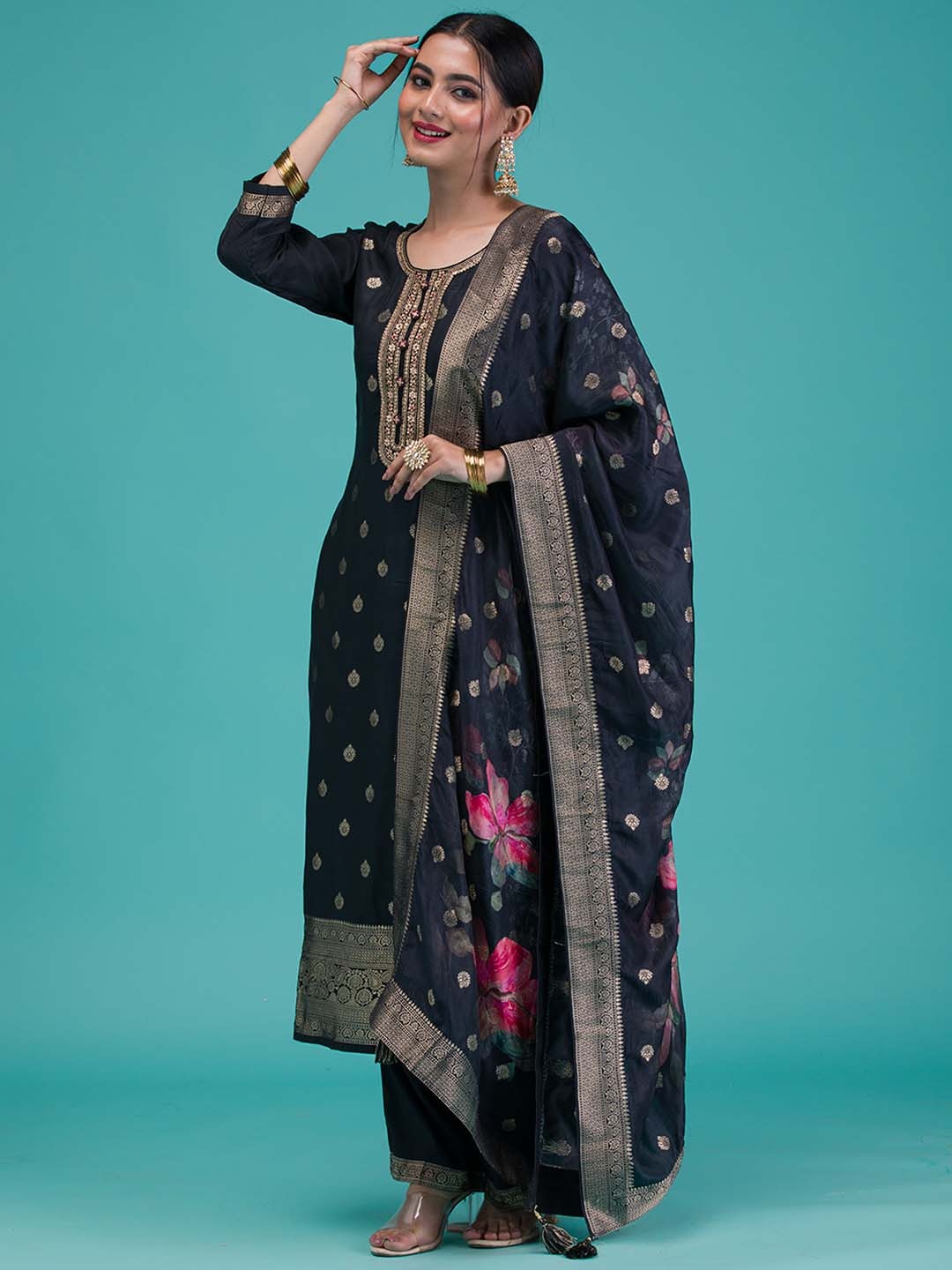 

Koskii Women Floral Embroidered Regular Silk Crepe Kurti with Trousers & With Dupatta, Black