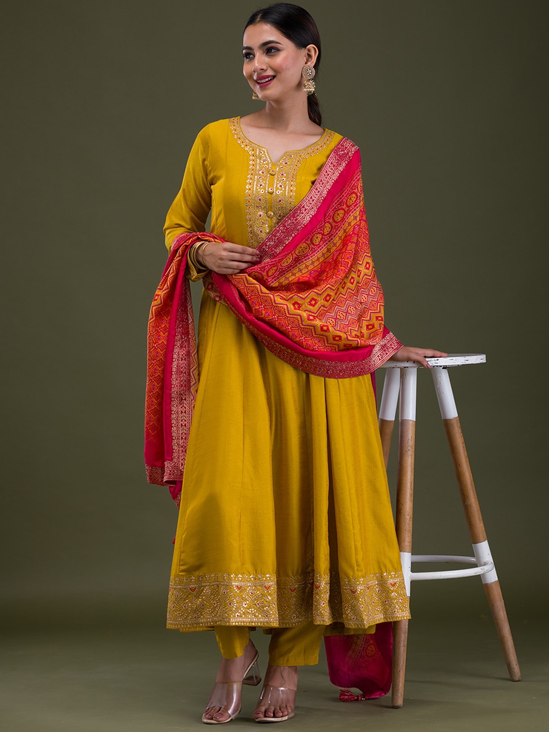 

Koskii Floral Yoke Design Notched Neck Anarkali Kurta with Trousers & Dupatta, Yellow