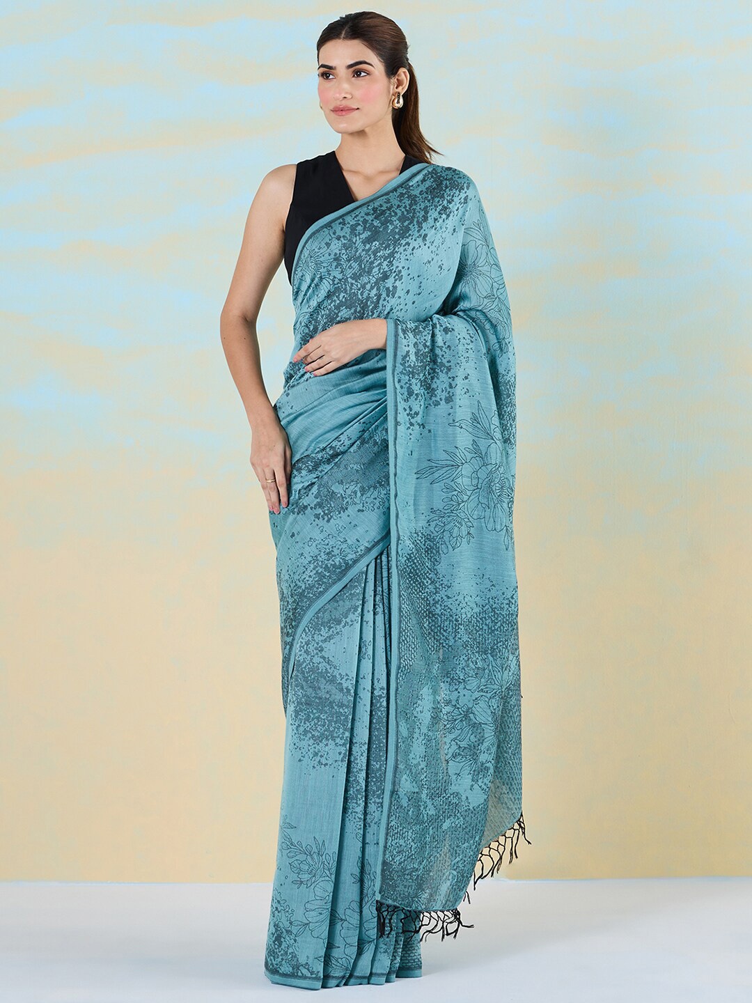 

navyasa by liva Floral Printed Liva Ready to Wear Saree, Blue