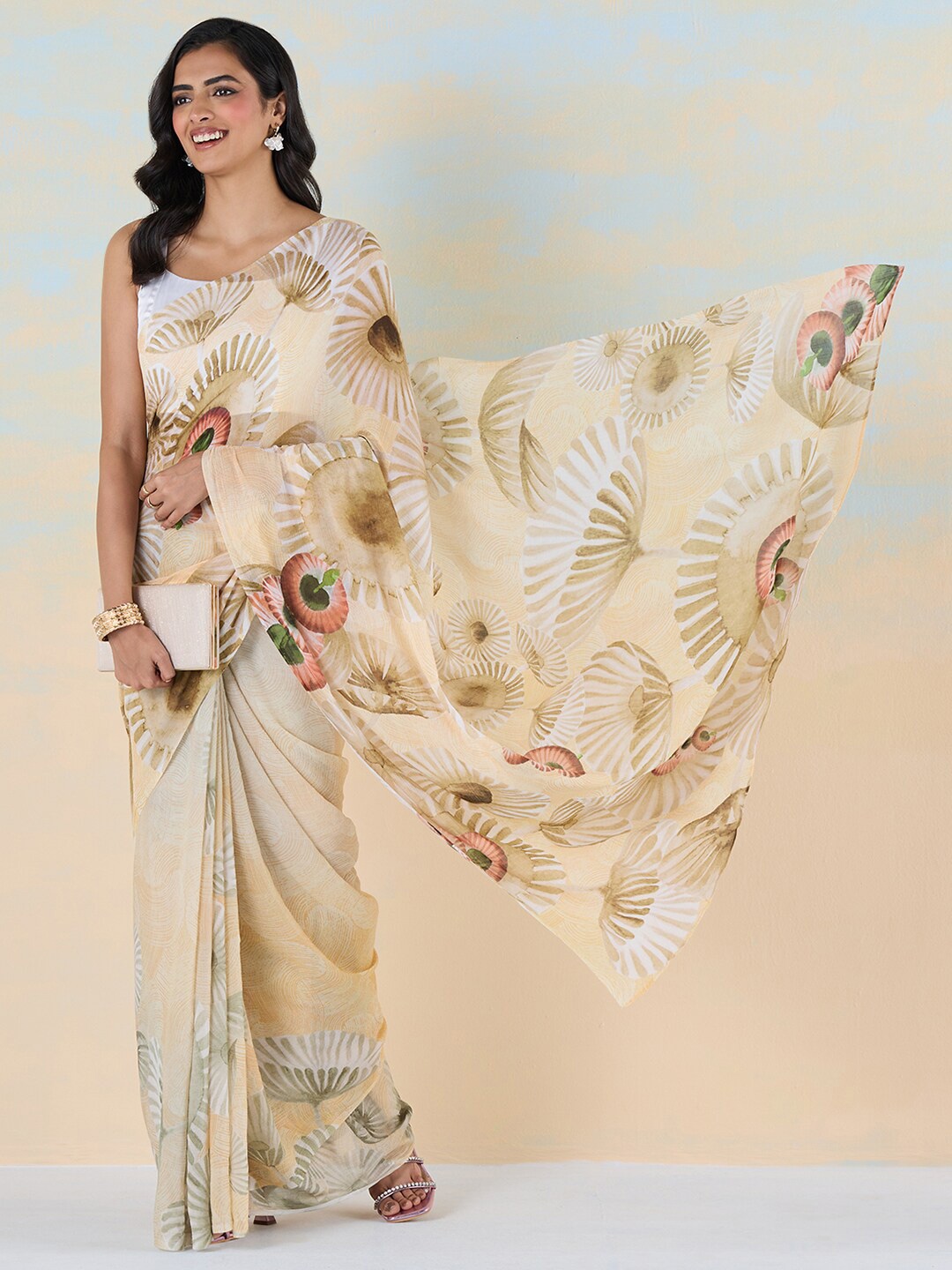 

navyasa by liva Floral Printed Liva Ready to Wear Saree, Yellow