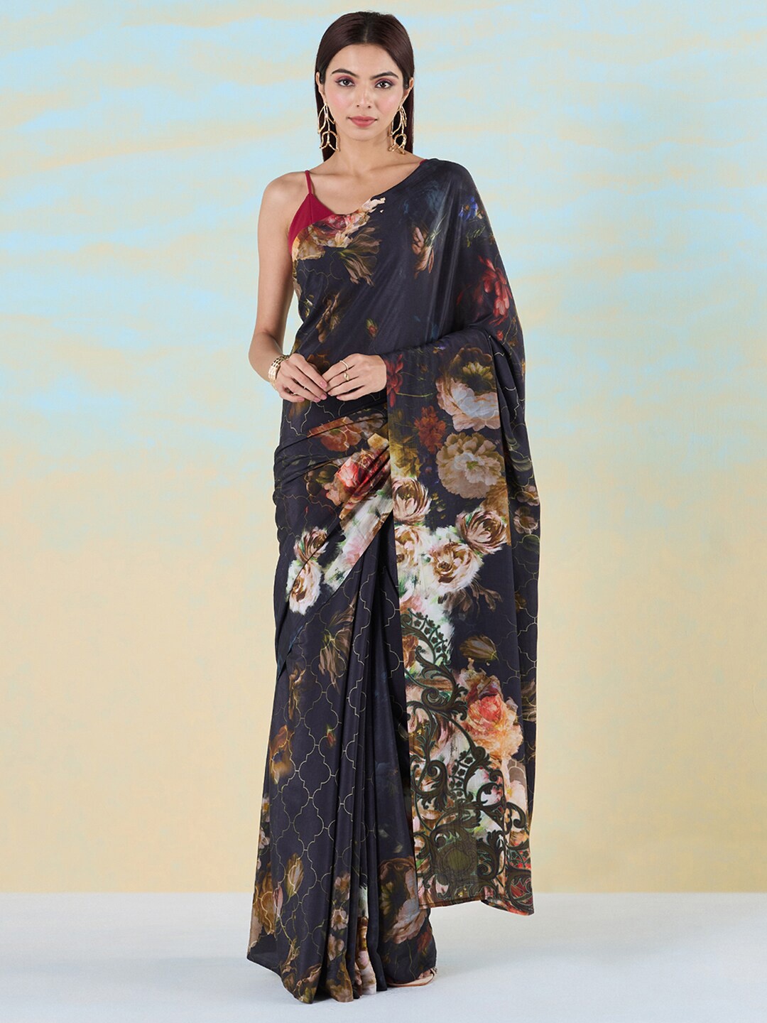 

navyasa by liva Floral Printed Liva Saree, Black