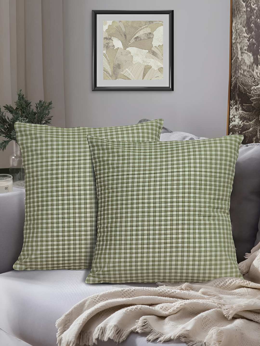 

HOME COLORS.IN Green & White 2 Pieces Checked Square Cotton Cushion Covers