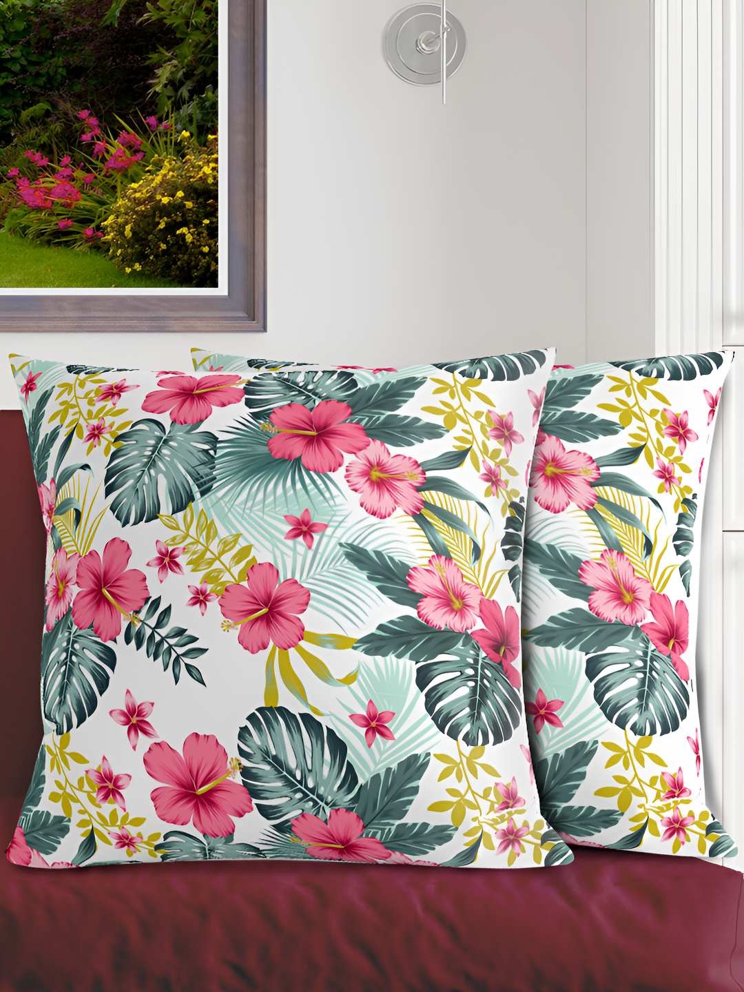 

HOME COLORS.IN Green & Pink 2 Pieces Floral Square Cotton Cushion Covers