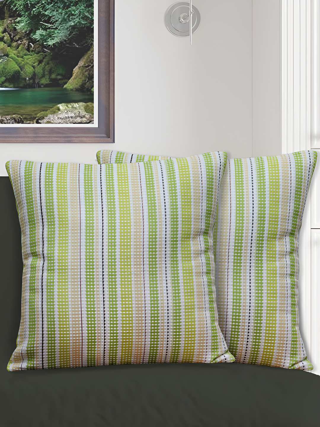 

HOME COLORS.IN Green & Blue Set of 2 Striped Square Cushion Covers