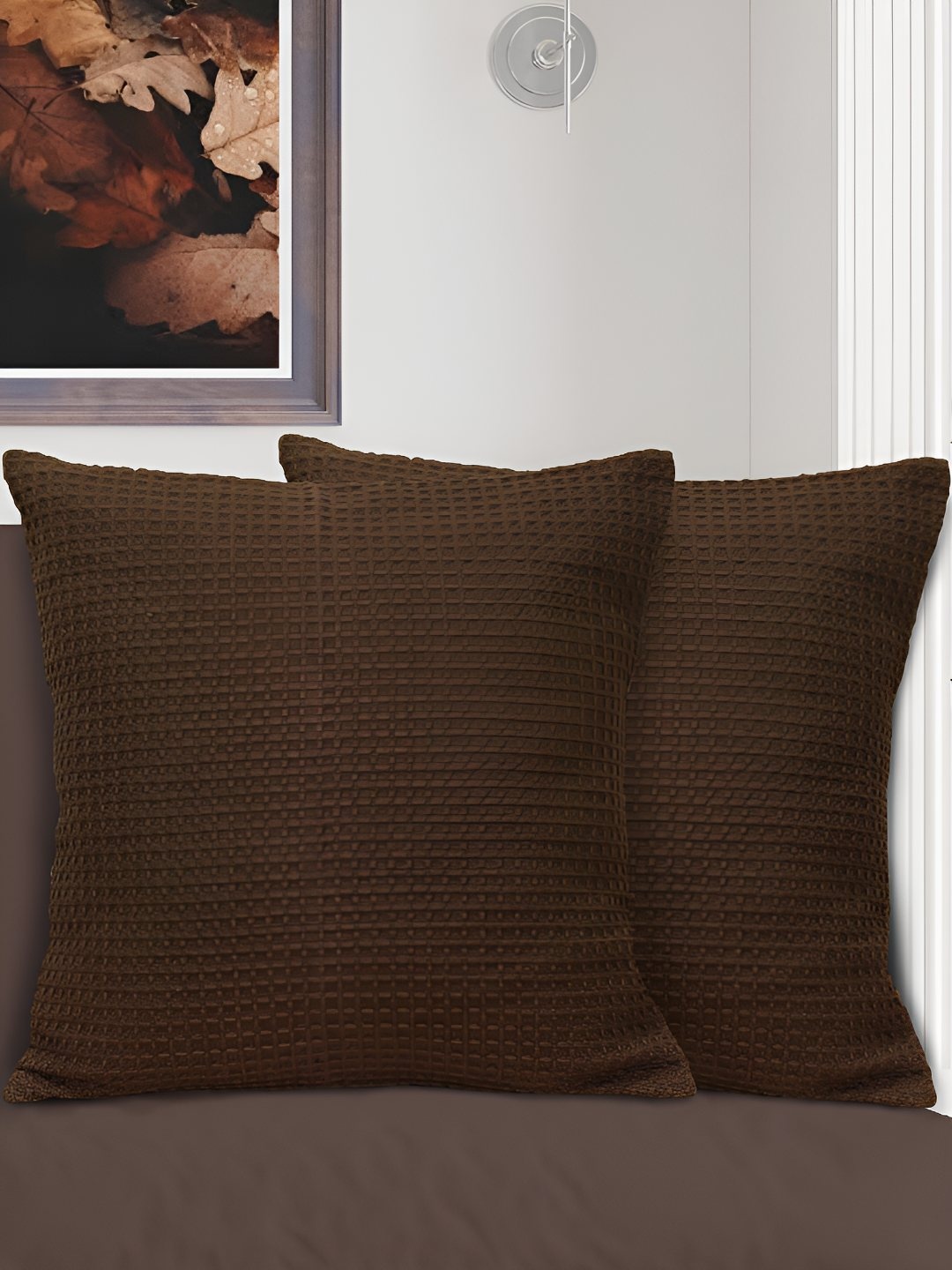 

HOME COLORS.IN Brown 2 Pieces Geometric Textured Square Cotton Cushion Covers