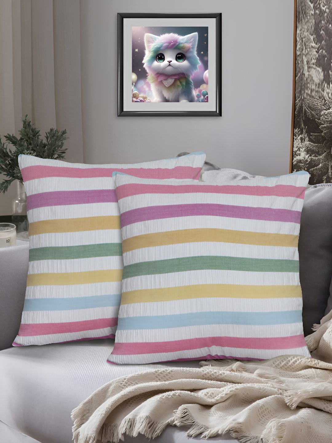 

HOME COLORS.IN White & Green 2 Pieces Striped Square Cotton Cushion Covers