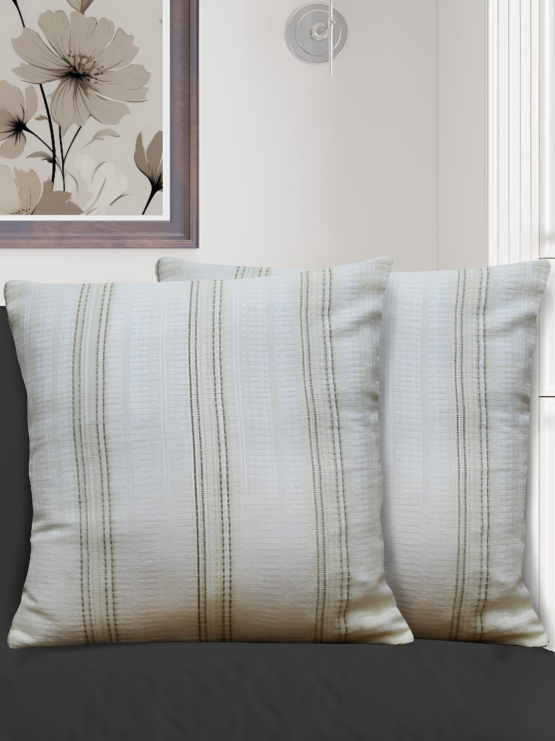 

HOME COLORS.IN Beige & White 2 Pieces Striped Square Cotton Cushion Covers