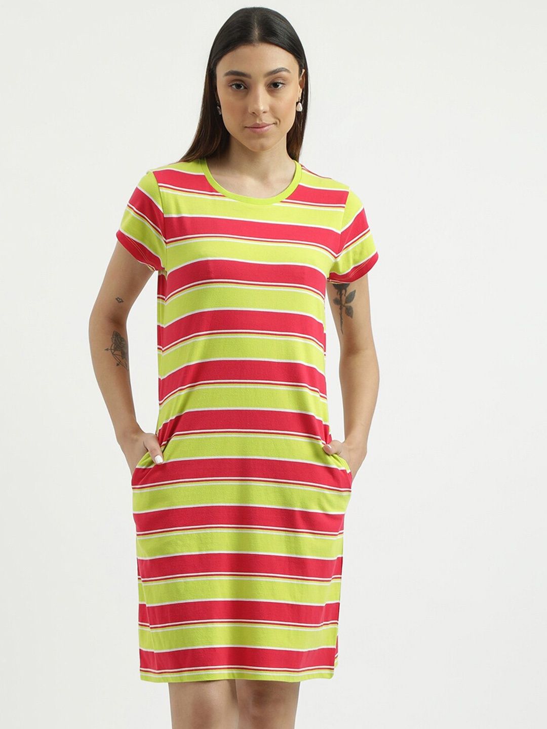 

United Colors of Benetton Regular Fit Round Neck Striped Dress, Yellow