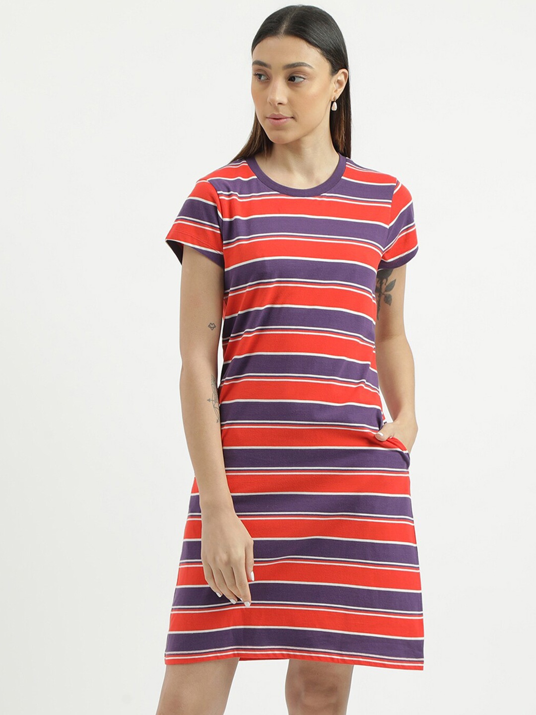 

United Colors of Benetton Regular Fit Spread Collar Striped Dress, Red