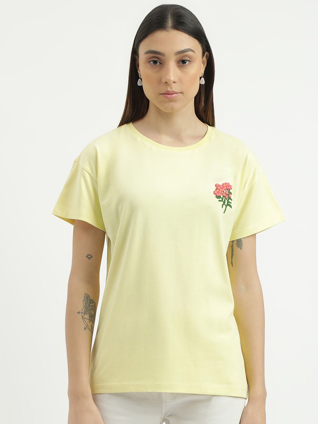 

United Colors of Benetton Floral Embroidered Pure Cotton T-shirt, Yellow