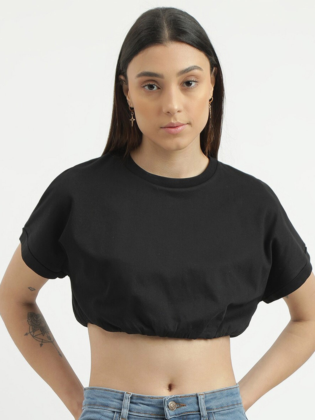 United Colors of Benetton Extended Sleeves Pure Cotton Blouson Crop Top, Black