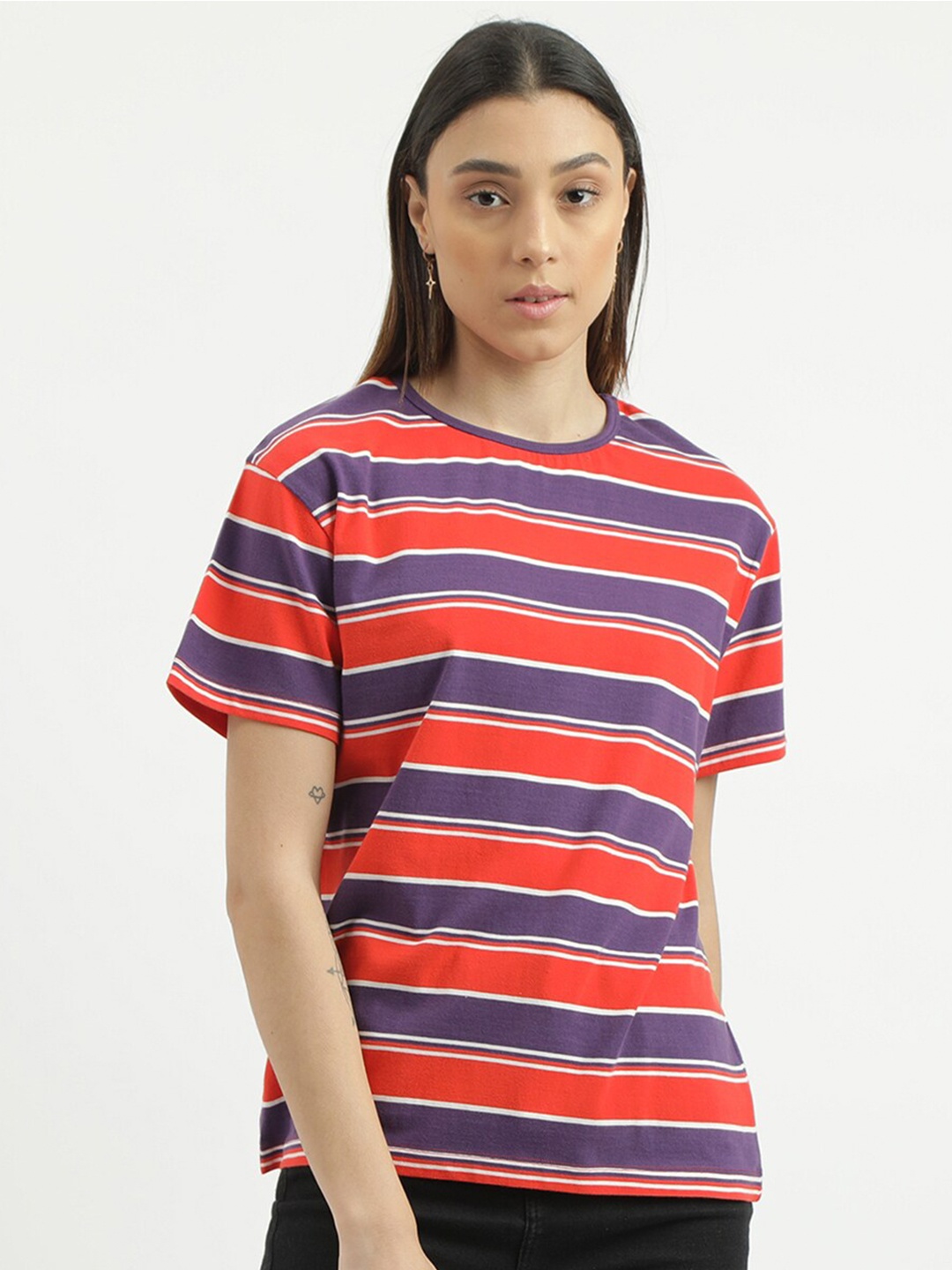 

United Colors of Benetton Striped Pure Cotton T-shirt, Purple