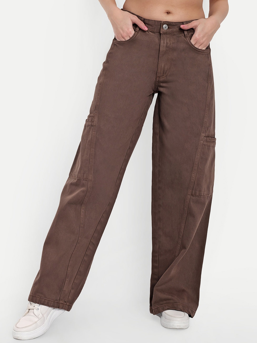 

BROADSTAR Women Wide Leg High-Rise Clean Look Cotton Cargo Jeans, Brown