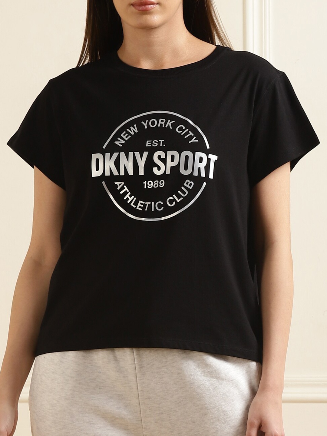 

DKNY Typography Printed Round Neck Cotton T-shirt, Black