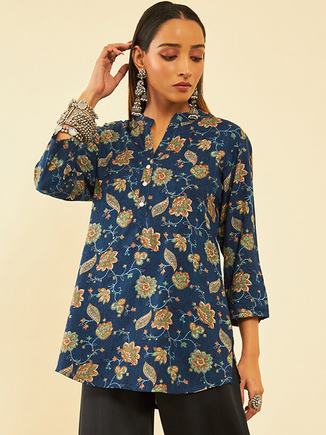 

Soch Floral Printed Mandarin Collar Tunic, Navy blue