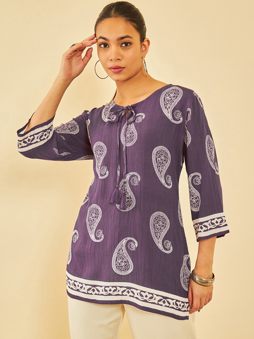 

Soch Paisley Printed Tie-Up Neck Tunic, Purple