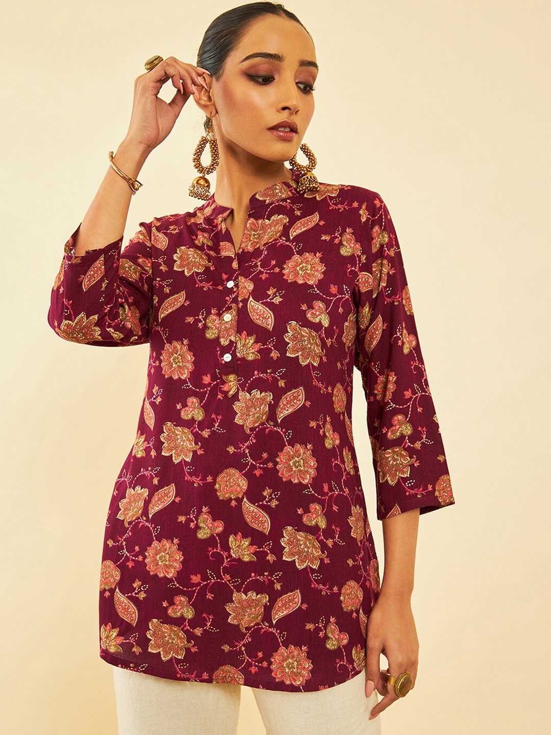 

Soch Maroon Floral Printed Mandarin Collar Tunic