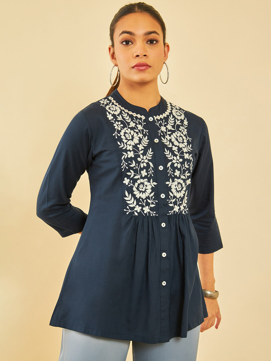 

Soch Navy Blue Floral Embroidered Mandarin Collar Tunic