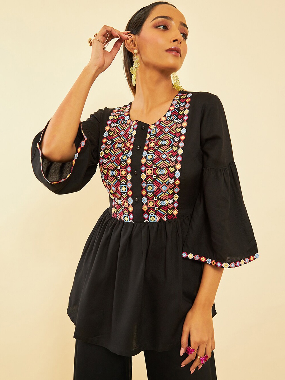 

Soch Black Geometric Embroidered Round Neck Tunic